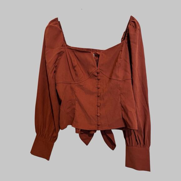 Smocked Back Tie Bohemian Rust Sweetheart Cropped Puffed Sleeves Autumn Blouse L - Picture 1 of 8